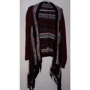 Vanity Women's Cardigan Sweater Open Front Fringed Knit Maroon Size Medium
